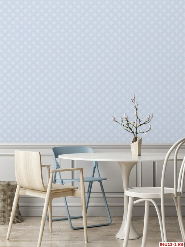 Giấy dán tường phòng ăn đẹp họa tiết hình thoi trắng trong nền màu xanh lam